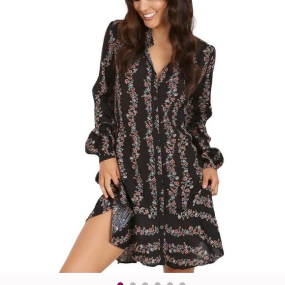 Free People Button Front High Low Shirt Dress Black Floral Mini Long Sleeve (S) - Picture 1 of 10